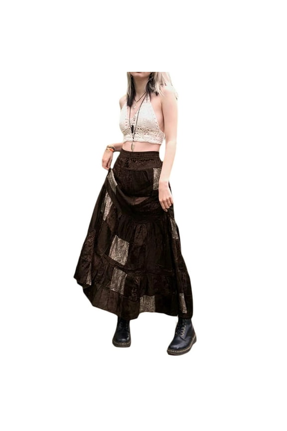 Women Long Patchwork Skirt, Adults Vintage Elegant Flower Print Pleated Skirt (Brown)
