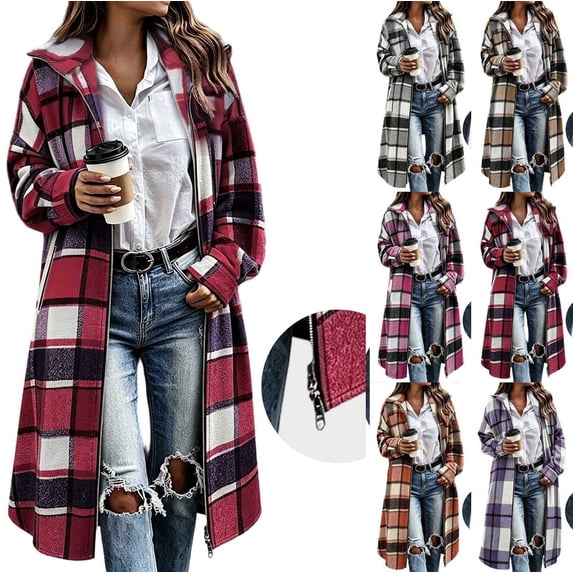 Women Long Plaid Shacket Collared Full Zip Up Mid Long Tartan Jacket Loose OverSize:d Casual Flannel Coat with Side Pockets