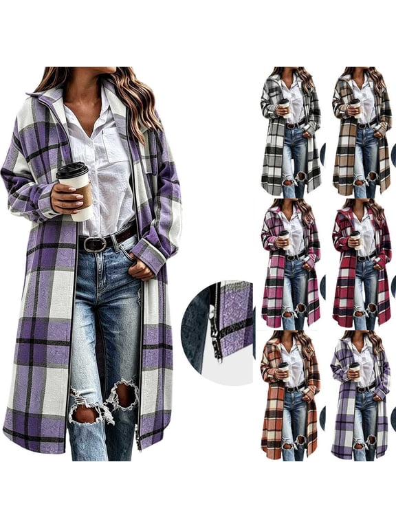 Women Long Plaid Shacket Collared Full Zip Up Mid Long Tartan Jacket Loose OverSize:d Casual Flannel Coat with Side Pockets