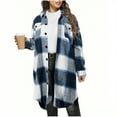 thumbnail image 1 of Women Long Plaid Shacket Flannel Shirt Wool Blend Mid-length Jacket Lapel Collar Button Up Fall Winter Trench Coat (2XL, Blue), 1 of 2