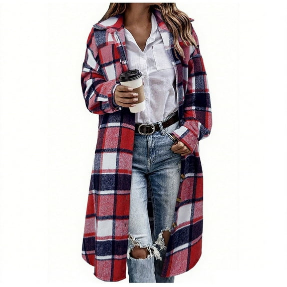 Women Long Plaid Shacket Flannel Shirt Wool Blend Mid-length Jacket Lapel Collar Button Up Fall Winter Trench Coat (2XL, Red)