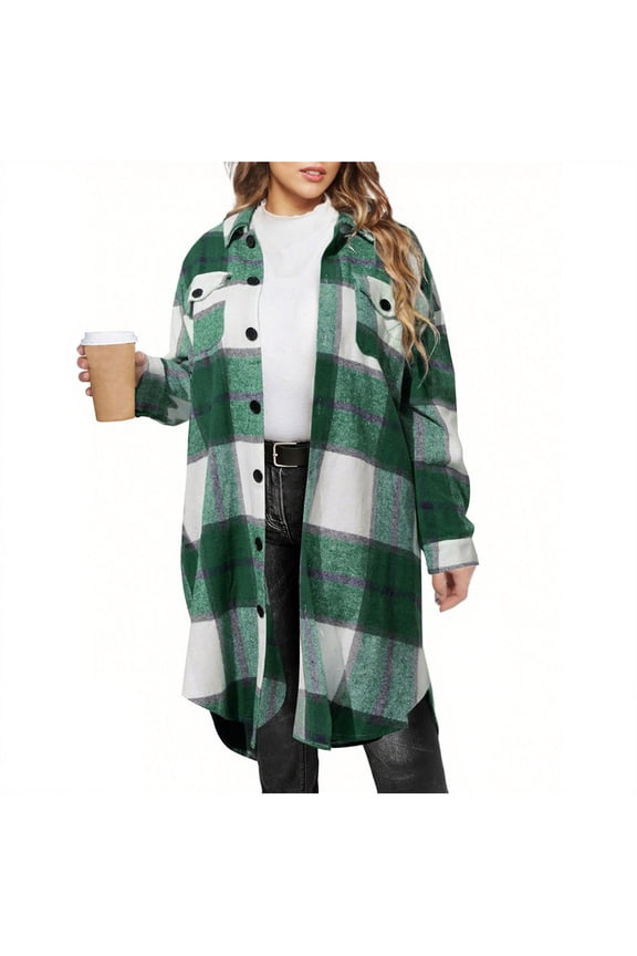 Women Long Plaid Shacket Flannel Shirt Wool Blend Mid-length Jacket Lapel Collar Button Up Fall Winter Trench Coat (L, Green 01)