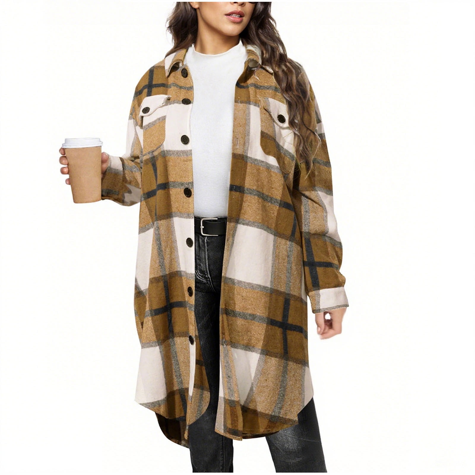 Women Long Plaid Shacket Flannel Shirt Wool Blend Mid-length Jacket ...