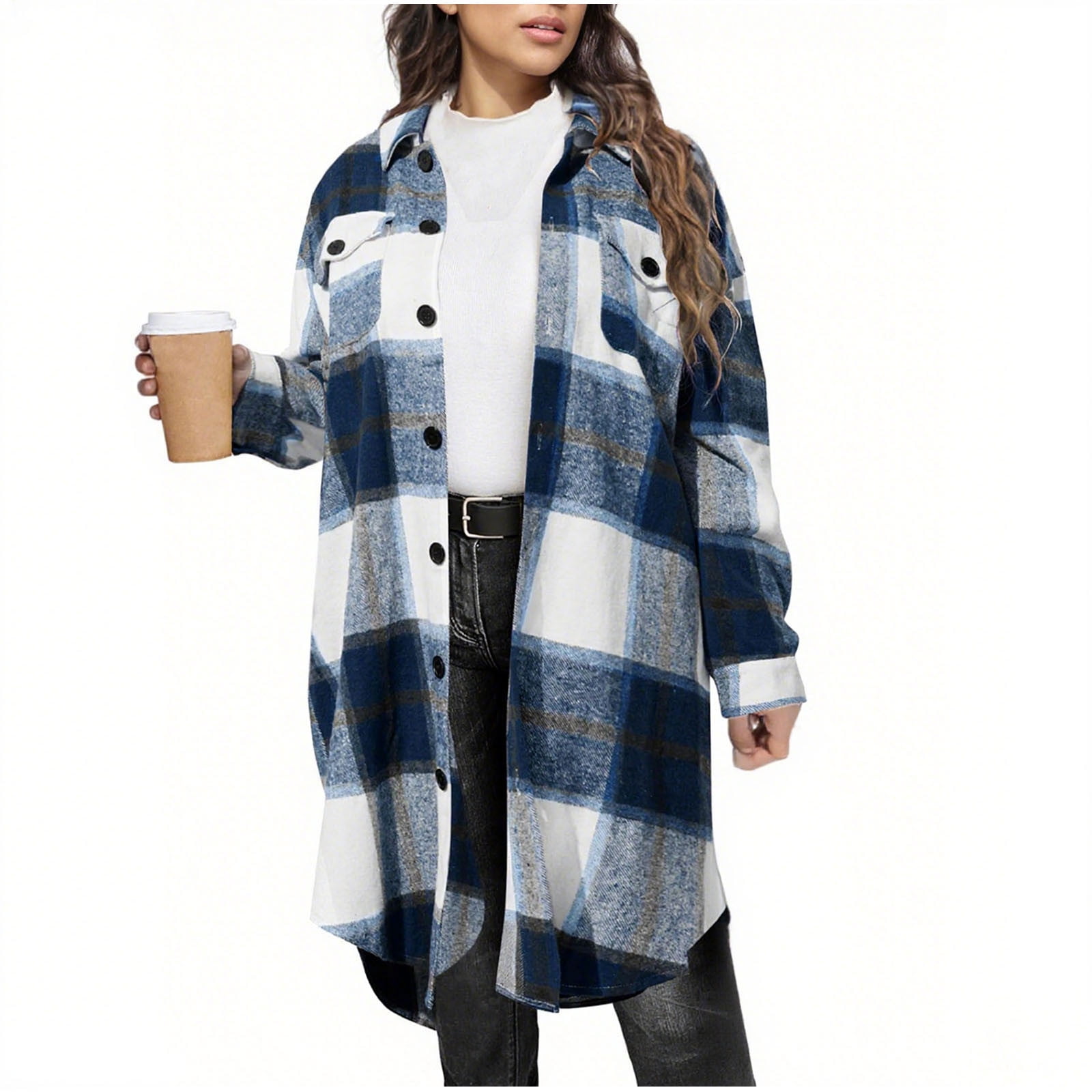 Women Long Plaid Shacket Flannel Shirt Wool Blend Mid-length Jacket ...