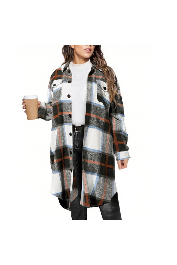Women Long Plaid Shacket Flannel Shirt Wool Blend Mid-length Jacket Lapel Collar Button Up Fall Winter Trench Coat (XL, Brown 01)