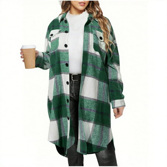 Women Long Plaid Shacket Flannel Shirt Wool Blend Mid-length Jacket Lapel Collar Button Up Fall Winter Trench Coat (XL, Green 01)