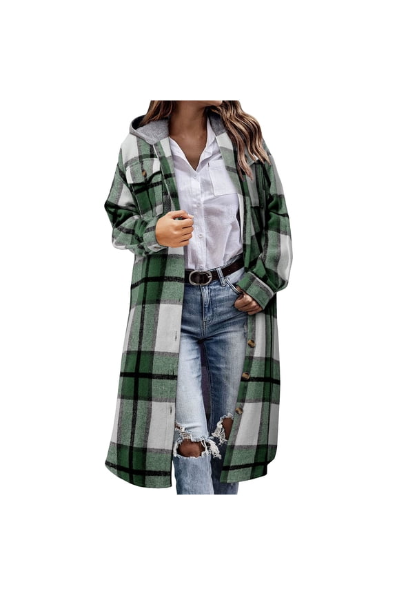 Women Long Plaid Shacket Wool Blend Button Down Shirt Jacket Fashion Fall Lightweight Hooded Trench Coat with Pockets