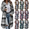 thumbnail image 1 of Women Long Plaid Shacket Wool Blend Button Down Shirt Jacket Fashion Fall Lightweight Hooded Trench Coat with Pockets, 1 of 6