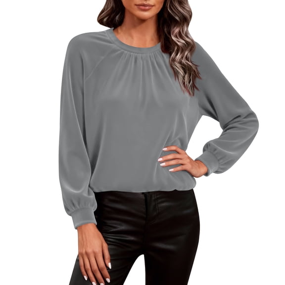 Women Long Puff Sleeve Shirts Velvet Dressy loose Tops Pleated Crewneck Tee 2026 Spring Summer Outfits T-Shirt Casual Basic Business Clothes