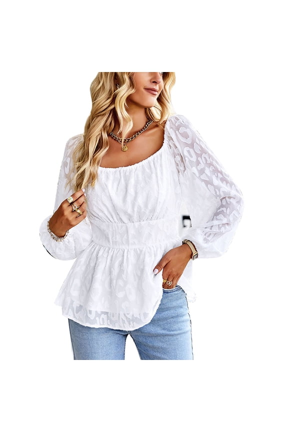 Women Long Puff Sleeves Shirts Elastic Neckline High Waist A Line Multi Layers Hem Elegant Top White XL