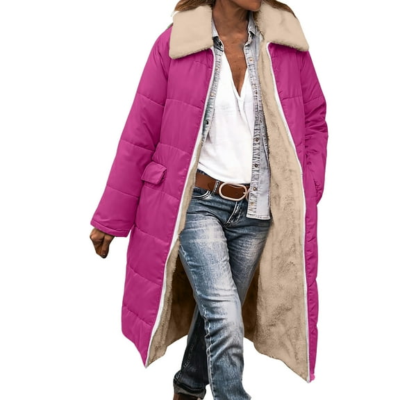 Women Long Puffer Coat Thicken Sherpa Lined Faux Fur Lapel Neck Full Zip Up Down Jacket Winter Overcoat Outwear (2XL, Hot Pink)