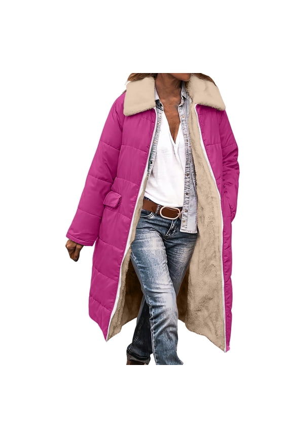 Women Long Puffer Coat Thicken Sherpa Lined Faux Fur Lapel Neck Full Zip Up Down Jacket Winter Overcoat Outwear (L, Hot Pink)