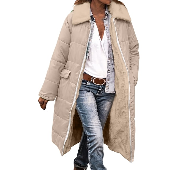 Women Long Puffer Coat Thicken Sherpa Lined Faux Fur Lapel Neck Full Zip Up Down Jacket Winter Overcoat Outwear (M, Khaki)