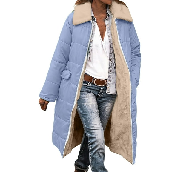 Women Long Puffer Coat Thicken Sherpa Lined Faux Fur Lapel Neck Full Zip Up Down Jacket Winter Overcoat Outwear (M, Light Blue)