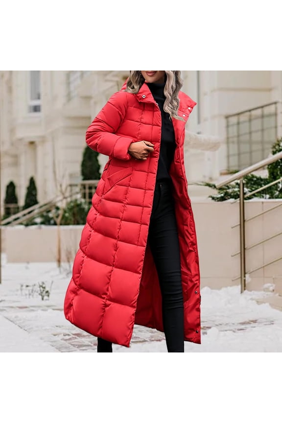 Women Long Puffer Coat Winter Warm Quilted Hooded Jacket Long Sleeve Full Length Padded down Outwear with Pockets New Light Weight Jackets Womens Plus Size Red L