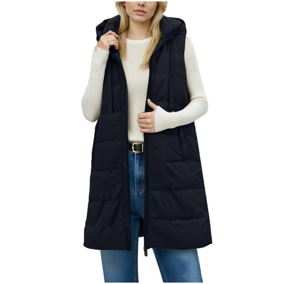 Women Long Puffer Vest Zip Up Quilted Hooded Vest with Pockets Casual Sleeveless Outerwear Warm Winter Coat Black, XL