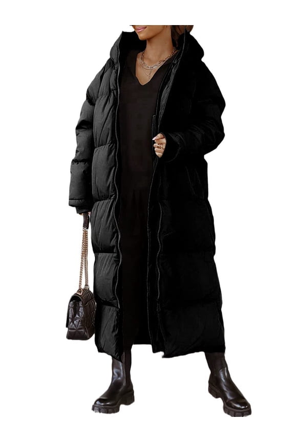 Women Long Quilted Coat Hooded Maxi Length Long Sleeve Puffer Jacket Padded Coat Winter Outerwear Black XXL
