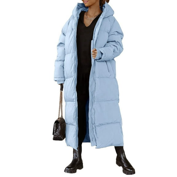 Women Long Quilted Coat Hooded Maxi Length Long Sleeve Puffer Jacket Padded Coat Winter Outerwear Blue XL