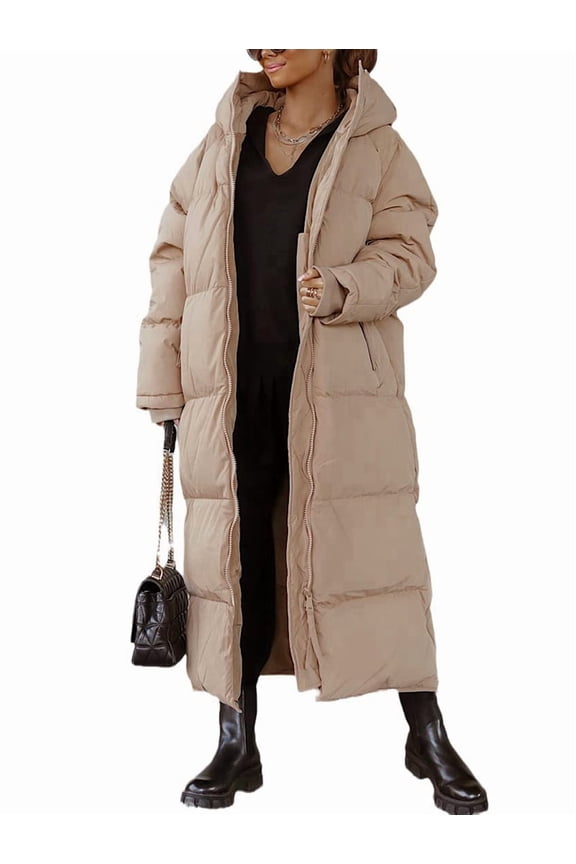 Women Long Quilted Coat Hooded Maxi Length Long Sleeve Puffer Jacket Padded Coat Winter Outerwear Camel Color XL
