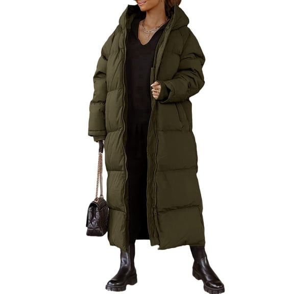Women Long Quilted Coat Hooded Maxi Length Long Sleeve Puffer Jacket Padded Coat Winter Outerwear Green XL
