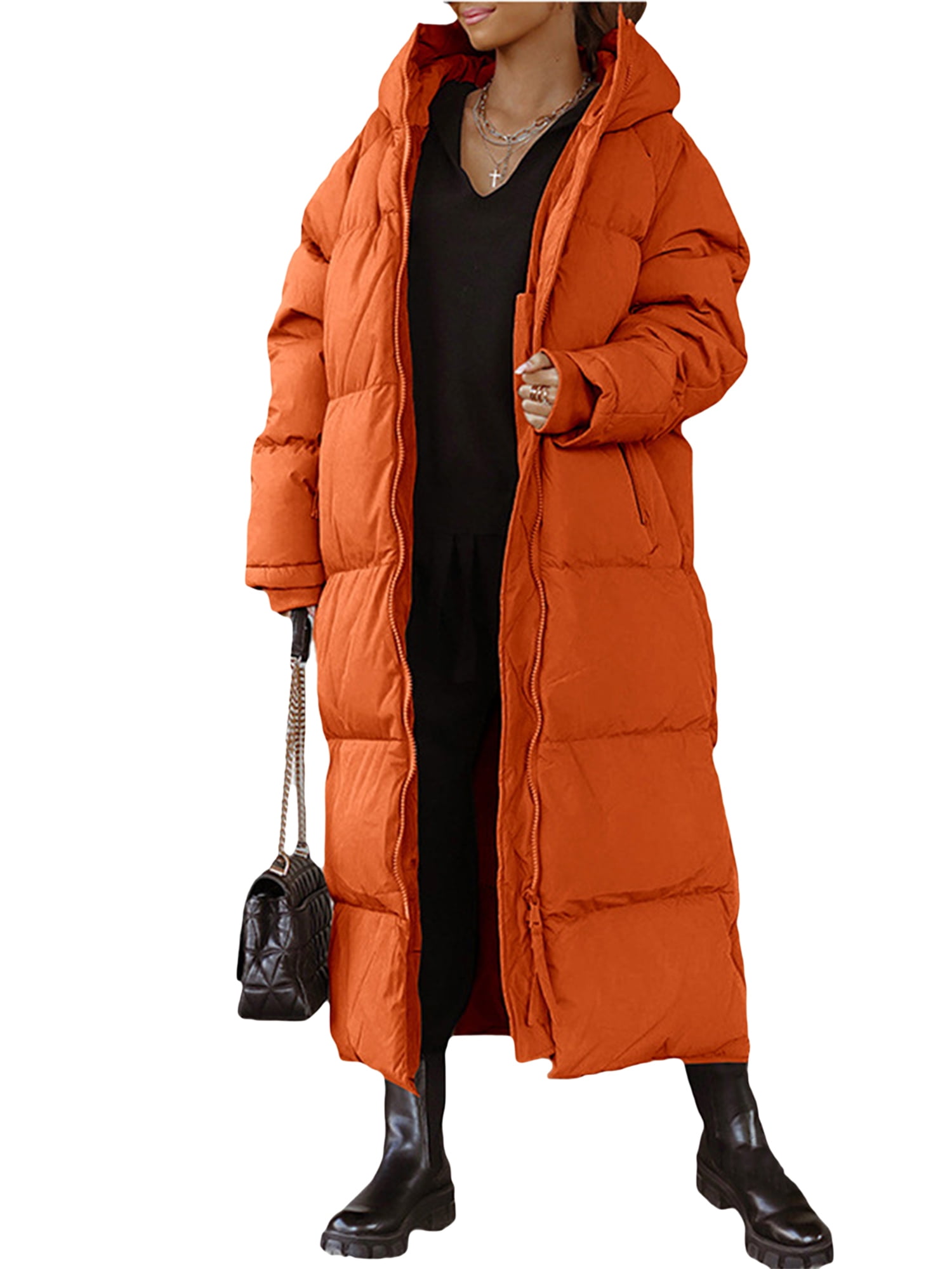 Women Long Quilted Coat Hooded Maxi Length Long Sleeve Puffer Jacket