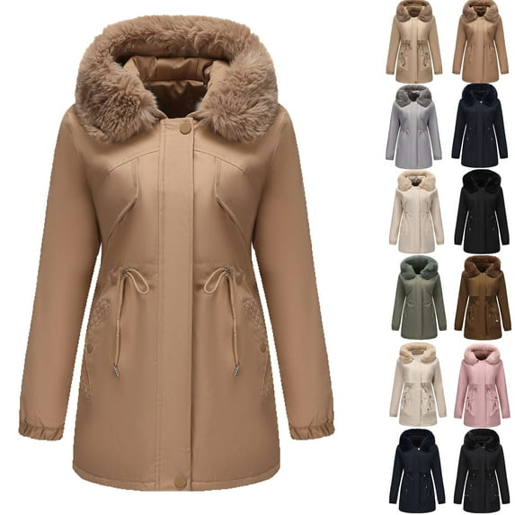 Women Long Quilted Coat Hooded Maxi Length Long Sleeve Puffer Jacket Women's Fashion Solid Color Casual Zipper Winter Hooded Stand Sports Long Sleeve Parkas Deal of The Week Khaki XXL