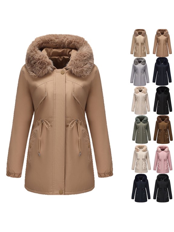 Women Long Quilted Coat Hooded Maxi Length Long Sleeve Puffer Jacket Women's Fashion Solid Color Casual Zipper Winter Hooded Stand Sports Long Sleeve Parkas Deal of The Week Khaki XL