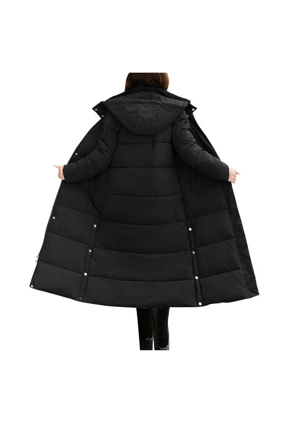 Women Long Quilted Coat Hooded Maxi Length Long Sleeve Quilted Jacket Padded Coat Winter Outerwear Korean Concise Look Clean Fit Solid Color Keep Warm, Black (X-Large)