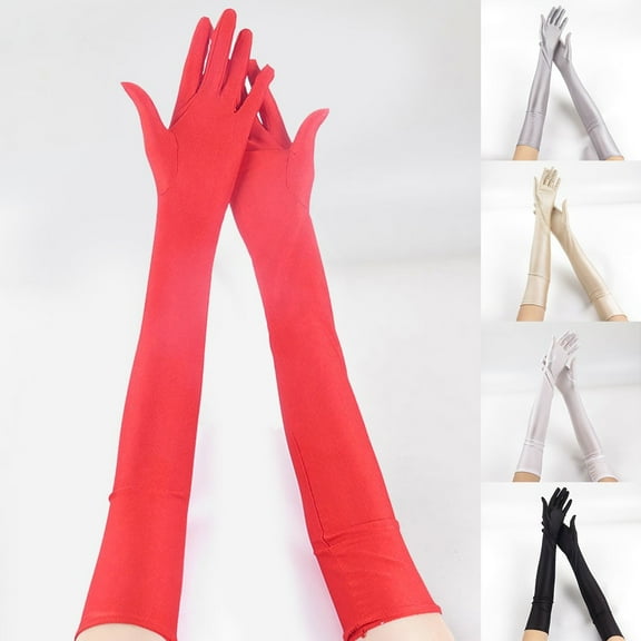 Women Long Sheer Gloves Sun Protection Outdoor Cycling Glossy Mittens Finger Red YIWEI