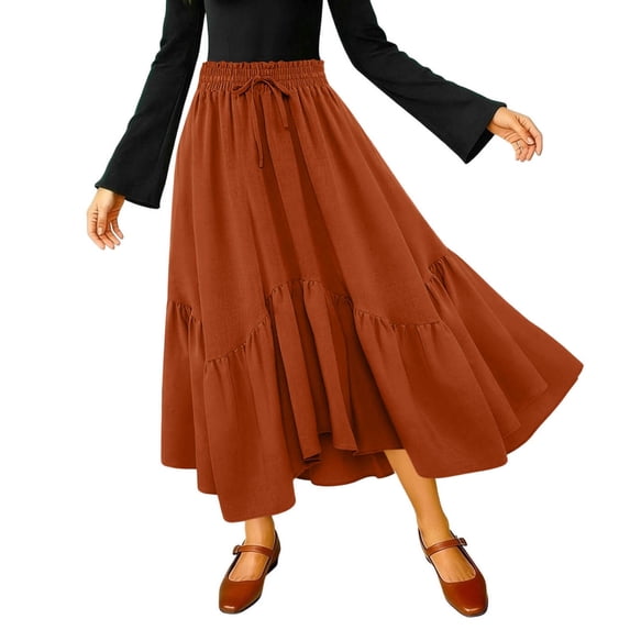 Women Long Skirts High Waist Skirts Renaissance Maxi Skirts Summer Casual Elegant A Line Flowy Skirts with Pockets Orange