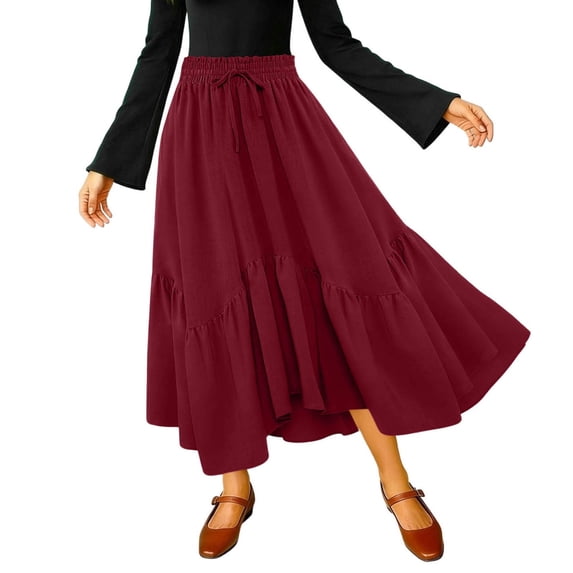 Women Long Skirts High Waist Skirts Renaissance Maxi Skirts Summer Casual Elegant A Line Flowy Skirts with Pockets Wine