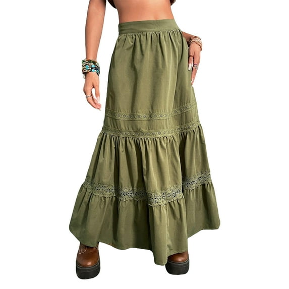 Women Long Skirts Low Waist Aesthetic Asymmetrical Loose Midi Skirts Patchwork A Line Pleated Y2K Maxi Skirts Green