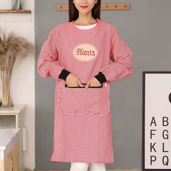 Women Long Sleeve Aprons Oil Proof Cotton Home Kitchen Cooking Clean Apron Pocket/ Women'S Long-Sleeved Apron Pink