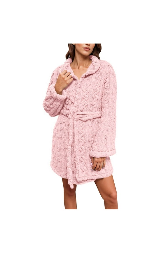 Women Long Sleeve Bathrobe Thicken Robe Lapel Collar Loungewear Flannels Robe Wool Fleece Tops Fuzzy Warm Sleepshirt Open Front Cardigan Pajama Belt Comfywear Winter Clothes