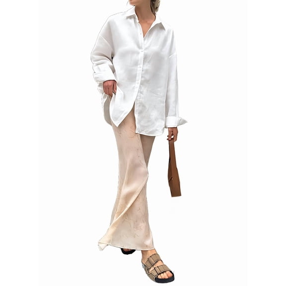 Women Long Sleeve Beach Shirt Blouses Bathing Suit Cover Up Button Down Collar White L