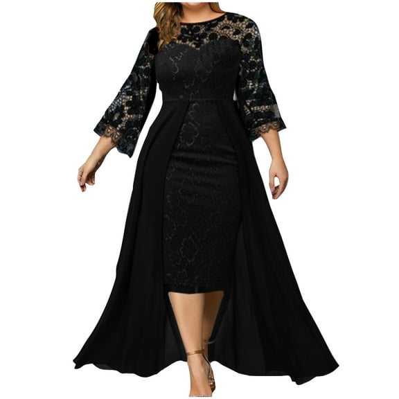 Women Long Sleeve Black Lace Splicing Add Half Body Gauze Skirt Dress Set Plus Size Formal Dress Cocktail Wedding Dress Coffee,XL