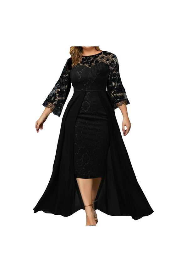 Women Long Sleeve Black Lace Splicing Add Half Body Gauze Skirt Dress Set Plus Size Formal Dress Cocktail Wedding Dress Coffee,XL