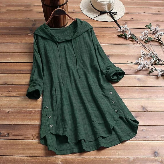 Women Long Sleeve Blouse Soft Long Sleeve Tops for Women Long Sleeve Hooded Button Round Neck Cotton Linen T-shirt