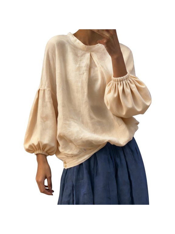 Women Long Sleeve Blouse Shirts,Work Mock Neck Ruffle Top,High-end Round Neck,Bohemian Solid Color Blouse,Bubble Sleeve Shirt, Loose top,Pleated Front Casual Fall Business Work Shirt Light Yellow