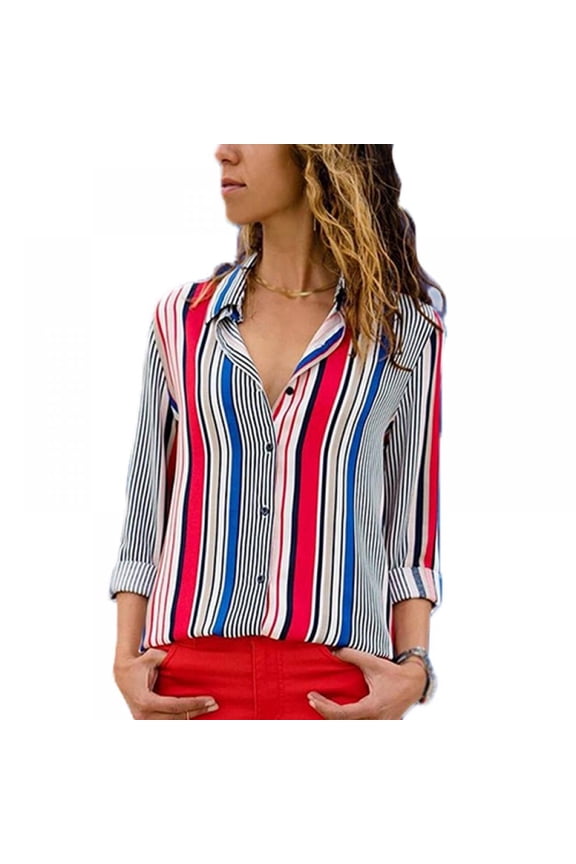 Women Long Sleeve Blouse Top Button Down Shirt Slim Striped V Neck Casual Shirts