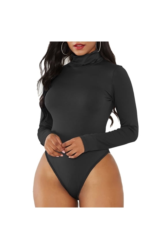 Women Long Sleeve Bobysuit Turtleneck Slim Pure Color High Elasticity Snap Closure Bysuit Black XL