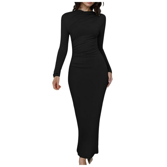 Women Long Sleeve Bodycon Dress Sexy Crew Neck Ribbed Basic Maxi Dresses Slim Fit