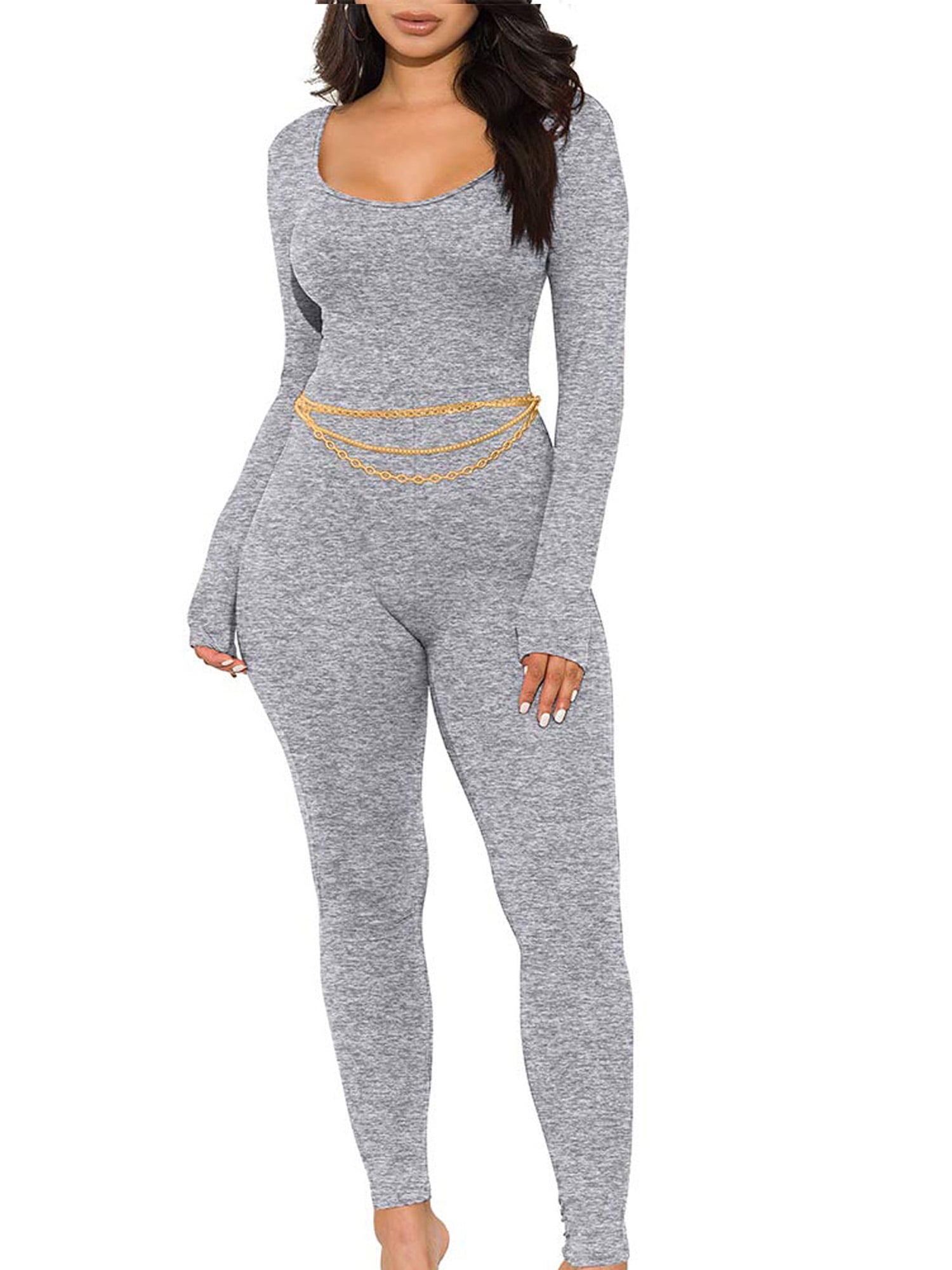 Women Long Sleeve Bodycon Jumpsuits Square Neck Knitted Ribbed Rompers ...