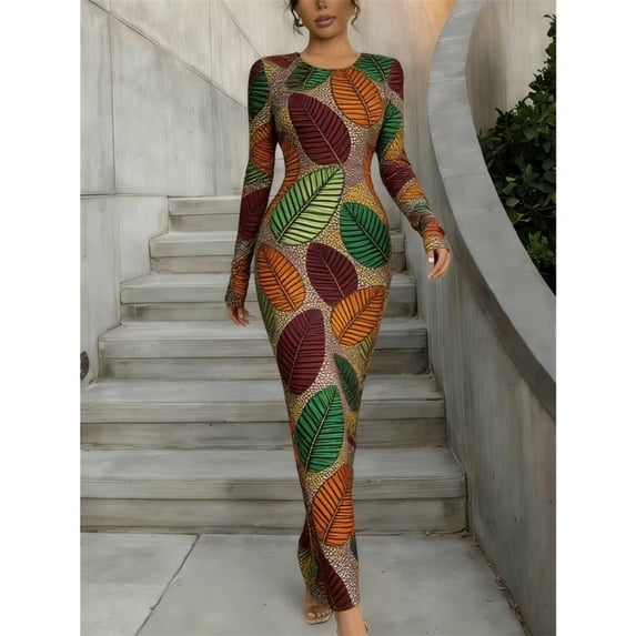 Women Long Sleeve Bodycon Maxi Dress Printed Crew Neck Floor Length Casual Dress