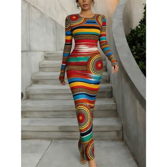 Women Long Sleeve Bodycon Maxi Dress Printed Crew Neck Floor Length Casual Dress
