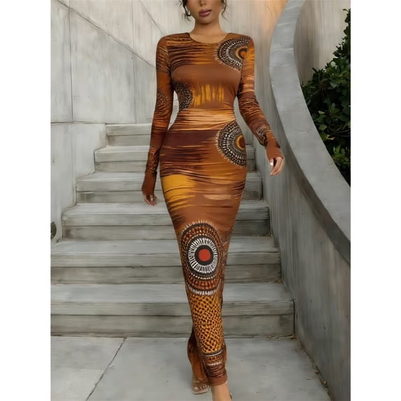 Women Long Sleeve Bodycon Maxi Dress, Round Neck Slim Fit Dress for Party Club Daily Occasions