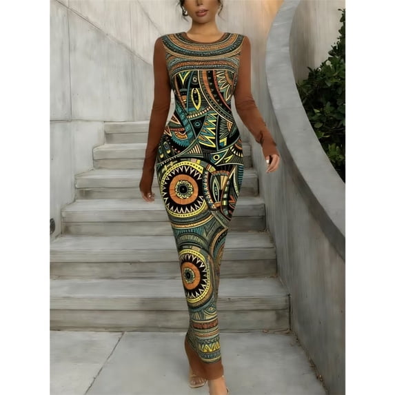 Women Long Sleeve Bodycon Maxi Dress, Round Neck Slim Fit Dress for Party Club Daily Occasions