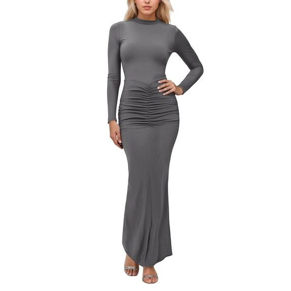 Women Long Sleeve Bodycon Maxi Dresses Solid Elegant Stand Collar Slim Fit Wedding Party Dress Grey S
