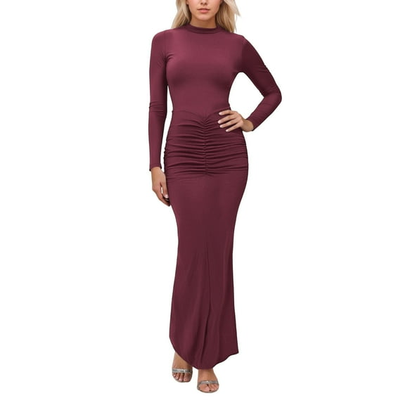 Women Long Sleeve Bodycon Maxi Dresses Solid Elegant Stand Collar Slim Fit Wedding Party Dress Red L