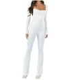 thumbnail image 1 of Women Long Sleeve Bodysuit Jumpsuit Square Neck Ribbed Shapewear Flare Bootcut Workout Yoga Leggings Rompers, 1 of 6